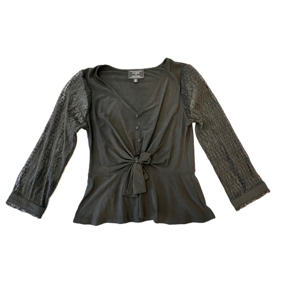 Goth Romantic Black‎ Blouse Medium – Sheer Sleeves Tie Front Button Top